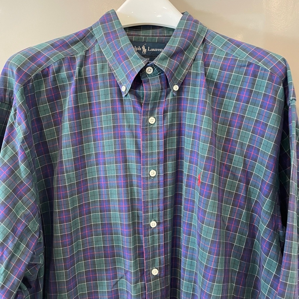 Polo Ralph Lauren Blake Shirt Mens XL Green Blue Plaid 100% Relaxed Fit